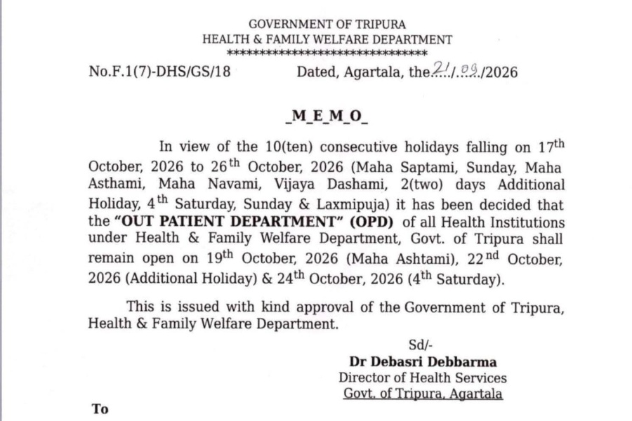 Tripura to keep OPDs open on three holidays during Puja break